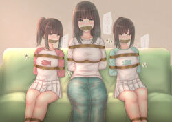 3girls animal_print bare_legs bdsm blunt_bangs bondage bound breasts brown_eyes brown_hair denim denim_skirt fish_print furaifish light_green_shirt medium_breasts mother_and_daughter mouth_tapped multiple_girls pink_shirt pleated_skirt ponytail shibari shirt sitting skirt small_breasts sweater white_shirt white_sweater
