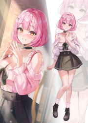 1girl absurdres black_boots black_choker black_ribbon blurry blurry_foreground blush bob_cut boots breasts brick_wall choker cleavage clothing_cutout dress frilled_dress frilled_socks frills grin hair_ornament hairclip hand_up highres medium_breasts miniskirt multiple_views nako_mei ninki_haishinsha-tachi_no_manager_ni_nattara_zenin_motokano_datta novel_illustration off-shoulder_dress off_shoulder official_art orange_eyes pink_hair pink_nails ribbon sakamuke shoulder_cutout skirt smile socks standing standing_on_one_leg steepled_fingers zoom_layer