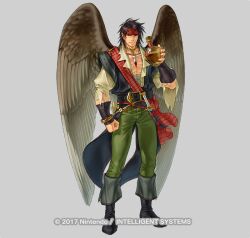 1boy abs alternate_costume bandages belt boots bracelet brown_hair dagger drink feathered_wings feathers fire_emblem fire_emblem:_radiant_dawn fire_emblem_heroes full_body grey_background headband jewelry kita_senri knife laguz_(fire_emblem) male_focus necklace nintendo official_art pointy_ears scar solo tibarn_(fire_emblem) tibarn_(pirate)_(fire_emblem) weapon wings yellow_eyes
