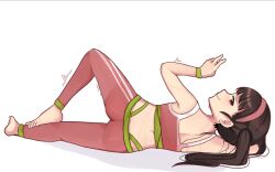 1girl ass back barefoot brown_hair closed_mouth commission female_focus from_behind full_body hachikuji_mayoi hand_up knee_up leggings long_hair looking_at_viewer looking_back lying meemz_a monogatari_(series) on_side pink_sports_bra profile red_eyes smile smug solo sports_bra toes twintails v