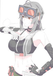 Rule 34 | 1girl, absurdres, ahoge, armpits, black choker, black gloves, black hair, black pants, black tank top, breasts, breath, choker, cleavage, collarbone, crop top, elbow gloves, explosive, eyewear on head, gloves, goggles, grace howard, gray orbit, grenade, hand on own hip, highres, large breasts, long hair, looking to the side, navel, orange eyes, pants, solo, standing, sweat, tank top, teeth, white background, white gloves, zenless zone zero, zipper top