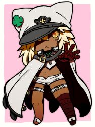 1girl :&lt; animal_ear_headwear bandaged_arm bandaged_leg bandages beeru_(veil8801) blonde_hair cloak closed_mouth clover dark-skinned_female dark_skin fake_animal_ears four-leaf_clover guilty_gear guilty_gear_strive hat highres legs_apart long_hair navel no_nose open_fly outstretched_arm outstretched_hand ramlethal_valentine red_bandage ringed_eyes short_shorts shorts solo standing thigh_strap white_cloak white_hat white_shorts yellow_eyes