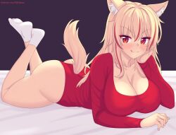 1girl :3 :p animal_ear_fluff animal_ears bed_sheet black_background blonde_hair blush breasts cat_ears cleavage collarbone feet_up hair_between_eyes large_breasts leotard long_hair looking_at_viewer lying multicolored_hair nottytiffy on_stomach original red_eyes red_hair red_leotard sidelocks simple_background socks solo streaked_hair tail the_pose thighs tiffy_(nottytiffy) tongue tongue_out two-tone_hair v-shaped_eyebrows white_socks
