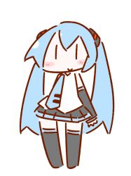 1girl black_shoes black_skirt black_sleeves blue_hair blue_necktie blush boots closed_mouth commentary_request deformed detached_sleeves full_body hair_between_eyes hatsune_miku highres long_sleeves looking_at_viewer mushino_shirase necktie no_nose pleated_skirt shirt shoes simple_background skirt smile solo standing thigh_boots tie_clip twintails vocaloid vocaloid_boxart_pose white_background white_shirt |_|