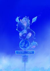 Rule 34 | 1girl, 2others, amane kanata, amane kanata (punk rock), angel, angel wings, asymmetrical bangs, backpack, bag, bear hair ornament, bloom, blue hair, blue sky, colored inner hair, feathered wings, gradient wings, grey hair, guuuuuu41, hair ornament, hairclip, halo, harness, highres, holoforce, hololive, jacket, looking at viewer, medium hair, mini wings, multicolored hair, multicolored wings, multiple others, o-ring, o-ring harness, official alternate costume, official alternate hair length, official alternate hairstyle, pink bag, purple eyes, road sign, shirt, shorts, sign, single fishnet legwear, single hair intake, single leg warmer, sky, smile, squatting, star halo, stop sign, streaked hair, upao (amane kanata), virtual youtuber, white wings, wings, x hair ornament