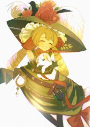 1girl ^_^ absurdres animal animal_hug bare_shoulders belt belt_pouch blonde_hair bow brown_belt chin_strap closed_eyes dress drill_hair flower gloves green_dress green_gloves green_hat grin hands_up hat hat_feather hat_flower highres holding holding_animal long_dress long_hair low_twintails orange_bow pouch red_flower red_rose reverse:1999 rose sheep sleeveless sleeveless_dress smile solo sotheby sun_hat teeth twin_drills twintails upper_body white_background xiao_xiazi
