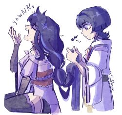Rule 34 | 1boy, 1girl, alternate universe, artist name, black hair, black sash, black thighhighs, blunt ends, bridal gauntlets, closed eyes, closed mouth, clothing cutout, cropped legs, facing up, genshin impact, grey bridal gauntlets, hand up, highres, holding another&#039;s hair, japanese clothes, kariginu, kimono, layered sleeves, long hair, looking down, low-braided long hair, low-tied long hair, mother and son, multicolored hair, musical note, obi, obiage, off shoulder, open hand, open mouth, purple eyes, purple hair, purple kimono, purple sleeves, raiden shogun, sash, scaramouche (genshin impact), scaramouche (kabukimono) (genshin impact), short sleeves, shoulder cutout, smile, softea, sound effects, streaked hair, string, teeth, thighhighs, tying another&#039;s hair, upper teeth only, white background, white sleeves, yawning