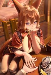 1boy 1girl absurdres animal_ears bed black_skirt blue_archive blush bocchi_(kuropom7) brown_hair brown_pantyhose comiket_105 crossed_bangs extra_ears fingernails fish_(food) food fruit grilled_eel halo hand_on_hand hand_on_own_cheek hand_on_own_face head_rest heart heart-shaped_pupils hetero highres indoors lemon light_smile long_hair looking_at_viewer neckerchief oyster pantyhose pov pov_hands purple_eyes red_neckerchief rumi_(blue_archive) sensei_(blue_archive) skirt smile symbol-shaped_pupils very_long_hair wooden_floor