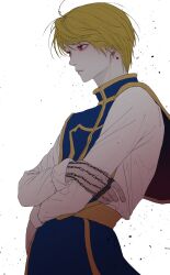 1boy blonde_hair blue_tabard closed_mouth commentary cowboy_shot crossed_arms debris donggeu5603223 earrings eyelashes hand_chains hashtag-only_commentary highres hunter_x_hunter jewelry kurapika long_sleeves looking_ahead male_focus piercing profile red_eyes shirt sleeve_cuffs solo standing tabard white_background white_shirt yellow_trim