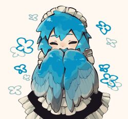 1girl blue_feathers blue_hair blue_tongue closed_eyes colored_tongue dress feathered_wings feathers frilled_dress frills harpy i7go34 maid maid_headdress monster_girl open_mouth original short_hair simple_flower solo winged_arms wings
