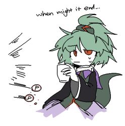 1other adagumo_no_saragimaru androgynous black_sleeves blunt_bangs capelet chinese_commentary closed_mouth commentary_request cropped_torso cup double-parted_bangs emphasis_lines english_text expressionless eyelashes flat_color gameplay_mechanics green_hair green_vest hair_ornament high_ponytail holding holding_cup japanese_clothes len&#039;en ling_s long_sleeves looking_ahead lowres messy_hair other_focus ponytail purple_capelet red_eyes scarf short_hair short_ponytail simple_background snake_hair_ornament snake_tail solo sweatdrop tail vest white_background white_scarf wide_sleeves
