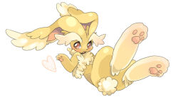Rule 34 | :3, choko (sweetpocket), commentary request, creature, creature focus, droopy ears, full body, gen 4 pokemon, hand up, heart, looking to the side, lopunny, nintendo, no humans, open mouth, pawpads, pokemon, pokemon (creature), rabbit, red eyes, simple background, smile, solo, white background, yellow fur