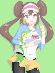 Rule 34 | 1girl, :d, absurdres, aqua eyes, breasts, bright pupils, brown hair, commentary request, double bun, drop shadow, eyelashes, gen 5 pokemon, green background, hair bun, happy, highres, long hair, looking at viewer, majikichi915, nintendo, open mouth, pantyhose, pantyhose under shorts, pokemon, pokemon (creature), pokemon bw2, pokemon on arm, raglan sleeves, rosa (pokemon), shirt, shorts, smile, snivy, twintails, white pupils, yellow shorts