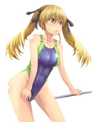 Rule 34 | 10s, 1girl, blonde hair, clothes pull, competition swimsuit, dog days, green eyes, highleg, highleg one-piece swimsuit, highres, long hair, one-piece swimsuit, one-piece swimsuit pull, pocari66, rebecca anderson, swimsuit, twintails