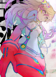 1girl artist_collaboration colorized female_focus from_below gradient_background halftone halftone_background highres long_hair mayo_(marlboroo) mecha_pilot_suit neon_genesis_evangelion plugsuit_(evangelion) rebuild_of_evangelion saltydanshark solo souryuu_asuka_langley test_plugsuit_(evangelion) white_background