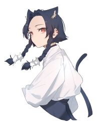 Rule 34 | 1girl, animal ear fluff, animal ears, black hair, braid, braided sidelocks, cat ears, cat girl, cat tail, closed mouth, clothing cutout, commentary, cropped arms, cropped legs, curtained hair, ear piercing, extra ears, floating hair, forehead, from side, hair tubes, highres, kamatpit, long sleeves, looking at viewer, looking to the side, orange eyes, original, parted bangs, piercing, shirt, shirt tucked in, short hair with long locks, sidelocks, sideways glance, simple background, solo, tail, tail raised, tail through clothes, turning head, twin braids, white background, white shirt