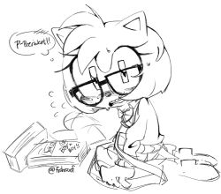 1girl amy_rose animal_ears animal_nose blush bow bowtie braces commentary english_commentary fishsoof flying_sweatdrops fujoshi furry furry_female glasses hedgehog_girl highres pornography school_uniform signature sitting sketch solo sonic_(series) speech_bubble thought_bubble yaoi_(object)