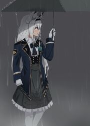 1girl absurdres ahoge animal_ear_fluff animal_ears aqua_eyes black_corset black_headband blue_flower blue_jacket bow bowtie braid collared_shirt commentary_request corset flower fox_ears fox_girl frilled_skirt frills gloves grey_background headband highres holding holding_umbrella hololive jacket long_hair long_skirt long_sleeves looking_to_the_side micon official_alternate_costume open_clothes open_jacket open_mouth profile rain shirakami_fubuki shirakami_fubuki_(aristocrat_kei) shirt sidelocks simple_background single_braid skirt solo standing umbrella virtual_youtuber white_gloves white_hair