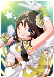 1girl belt blue_eyes bow bow_skirt brown_hair gloves hey_cre highres hololive hololive_idol_uniform_(origin) idol idol_clothes layered_skirt miniskirt oozora_subaru short_hair skirt skirt_set sleeveless solo swept_bangs virtual_youtuber white_bow white_gloves white_skirt wrist_cuffs