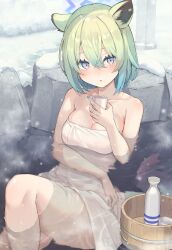 1girl animal_ears bare_shoulders blue_archive blue_hair breasts choko_(cup) cup gradient_hair green_hair halo highres isegawa_yasutaka large_breasts light_blue_hair multicolored_hair naked_towel onsen open_mouth parted_lips partially_submerged shigure_(blue_archive) shigure_(hot_spring)_(blue_archive) short_hair sitting snow tail tokkuri towel water weasel_ears weasel_girl weasel_tail