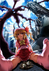 1girl amamizu_(myofuu_kai) bird blonde_hair chick feet female_focus flandre_scarlet foreshortening locomotive nest perspective smile socks solo steam_locomotive touhou train what wings