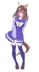 1girl blush braid breasts brown_hair buena_vista_(umamusume) collarbone full_body hair_between_eyes hair_ornament hairband highres kerotan_(belle_reinedesu) looking_at_viewer medium_breasts medium_hair ribbon school_uniform simple_background standing thighhighs tracen_school_uniform umamusume white_background