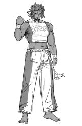 1boy arm_at_side baggy_pants bare_shoulders barefoot ben-day_dots broad_shoulders clenched_hands closed_mouth clothes_writing collared_shirt commentary compression_shirt cropped_shirt dark-skinned_male dark_skin dreadlocks earrings eddy_gordo furrowed_brow glaring greyscale hand_up highres invisible_floor jewelry legs_apart looking_at_viewer male_focus matheus_felipe midriff monochrome muscular muscular_male narrowed_eyes navel pants pectorals print_shirt raised_fist rope_belt screentones serious shirt short_hair simple_background sleeveless sleeveless_shirt solo standing stomach sweatpants tassel tekken tekken_3 tight_clothes tight_shirt turtleneck turtleneck_shirt two-tone_pants two-tone_shirt v-shaped_eyebrows white_background wristband