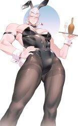 1boy absurdres anger_vein animal_ears black_pantyhose blue_eyes broken_heart closed_mouth earrings fake_animal_ears fake_tail flattop from_below guuuuum hand_on_own_hip heart heart_earrings highres holding holding_tray jean_pierre_polnareff jewelry leotard looking_down male_focus male_playboy_bunny muscular muscular_male pantyhose pectorals rabbit_ears rabbit_tail simple_background solo strapless strapless_leotard tail tray white_hair wrist_cuffs