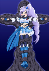 1girl aono_miki bdsm black_thighhighs blue_background blue_boots blue_shirt blue_skirt bondage boots bound clover_ornament crop_top cross cure_berry drill_hair earrings fresh_precure! frilled_skirt frills hair_ornament hairband heart heart_earrings heart_hair_ornament held_up jewelry long_hair magical_girl midriff miniskirt navel open_mouth precure puffy_short_sleeves puffy_sleeves purple_eyes purple_hair ryona sanipan10 shirt short_sleeves side_drill side_ponytail skirt solo sunny-punch tentacle_in_mouth tentacles thighhighs