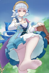 1girl absurdres ayaka_(genshin_impact) blue_eyes blue_hair boots braid feet genshin_impact highres holding holding_shoes holding_unworn_clothes kamisato_ayaka kamisato_ayaka_(springbloom_missive) light_blush long_hair looking_at_viewer pantyhose parted_lips polan_kui shaded_face shoes soles toes unworn_boots unworn_shoes white_pantyhose