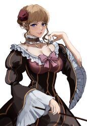 1girl beatrice_(umineko) blonde_hair blue_eyes bow breasts choker cleavage dress flower frilled_sleeves frills hair_flower hair_ornament looking_at_viewer rose sadungverysad simple_background smile solo umineko_no_naku_koro_ni white_background wide_sleeves