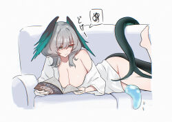 1girl absurdres arknights black_wings blush book bottomless breasts cleavage closed_mouth collarbone commentary couch dot_nose feathered_wings green_eyes green_wings grey_hair head_wings highres ho&#039;olheyak_(arknights) holding holding_book large_breasts long_tail lying medium_hair no_bra no_panties no_pants nude on_couch on_side reading shirt simple_background single_bare_shoulder snake_tail solo speech_bubble symbol-only_commentary tail translation_request uof water white_background white_shirt wings
