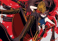Rule 34 | 1boy, artist name, black hair, black pants, cape, clenched teeth, crest, family crest, fate/grand order, fate (series), firing, gloves, goma1021, gun, hair between eyes, hat, long hair, male focus, military hat, musket, oda kippoushi (fate), oda nobunaga (fate), oda uri, open mouth, pants, peaked cap, ponytail, red background, red eyes, shirt, teeth, two-tone background, weapon, white background