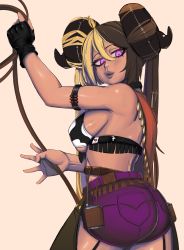 1girl ahoge aife_(zana) animal_print armband ass bandeau bandolier belt black_gloves black_horns blonde_hair borrowed_character breasts brown_hair bullet canister canteen chaps commentary cow_print cowboy cowboy_western dark-skinned_female dark_skin english_commentary female_focus fingerless_gloves gloves gyaru hair_between_eyes highres horns kevbot lasso lips long_hair looking_back multicolored_hair multiple_belts nose original pink_eyes purple_shorts short_shorts shorts sideboob solo twintails two-tone_hair underboob very_long_hair western