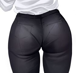 Rule 34 | 1girl, absurdres, ass, ass focus, bellone, black pants, chainsaw man, commentary request, highres, lower body, makima (chainsaw man), pants, pantylines, shirt, shirt tucked in, simple background, solo, standing, white background, white shirt
