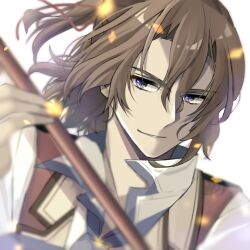1boy blurry blurry_background brown_hair double-parted_bangs eiyuu_densetsu gaius_worzel hair_between_eyes looking_at_viewer mullet natsusechoco portrait purple_eyes sen_no_kiseki_(series) sen_no_kiseki_i smile solo thors_military_academy_class_vii_uniform