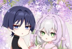 1boy 1girl alternate_hairstyle bare_shoulders black_bodysuit blue_pupils blunt_ends bodysuit borrowed_clothes cross-shaped_pupils eyelashes eyeliner eyeshadow genshin_impact green_eyes green_hair green_tank_top hair_down hair_intakes hair_ornament half_crown_braid hands_up highres holding_hands kebi37509316 leaf leaf_hair_ornament long_hair makeup multicolored_hair nahida_(genshin_impact) open_mouth plant pointy_ears purple_eyes purple_veil red_eyeliner red_eyeshadow scaramouche_(genshin_impact) streaked_hair sweatdrop symbol-shaped_pupils tank_top veil wanderer_(genshin_impact) white_hair