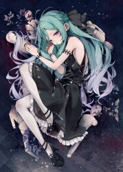 Rule 34 | 1girl, black dress, black nails, commentary request, dress, earrings, enomoto nao, expressionless, flat chest, frilled dress, frills, full body, green hair, highres, jewelry, long hair, looking at viewer, mannequin, original, pantyhose, platform heels, purple eyes, solo, stud earrings, very long hair, white pantyhose