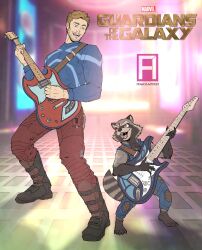 2boys animal_ears artist_logo artist_name barefoot blue_shirt commentary copyright_logo electric_guitar english_commentary fangs flat_color frank_humphrey furry furry_male guardians_of_the_galaxy guitar highres holding holding_instrument instrument logo long_sleeves looking_at_another male_focus marvel marvel_cinematic_universe multiple_boys music open_mouth pants peter_quill playing_instrument raccoon_boy raccoon_ears raccoon_tail red_pants rocket_raccoon shirt star-lord tail