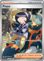 1girl artist_name black_gloves black_hair blush blush_stickers bonnet card_(medium) character_name closed_eyes company_name copperajah copyright_name copyright_notice dress english_text eyelashes gen_8_pokemon gloves grey_dress jewelry key key_necklace long_sleeves murayama_ryota necklace nintendo official_art open_mouth pokemon pokemon_(creature) pokemon_card pokemon_sv pokemon_tcg poppy_(pokemon) short_hair sleeping solo third-party_source trading_card