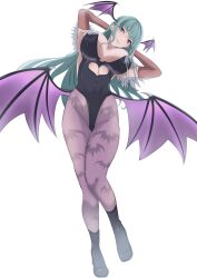 1girl absurdres aqua_eyes aqua_hair arm_support black_boots black_leotard blush boots breasts capcom cleavage clothing_cutout covered_navel darkstalkers demon_girl demon_wings elbow_gloves female_focus full_body gloves grin head_wings heart_cutout high_heel_boots high_heels highres large_breasts leotard long_hair looking_at_viewer matching_hair/eyes morrigan_aensland musuhi pantyhose purple_hair purple_pantyhose sidelocks simple_background smile solo teeth white_background wide_hips wings