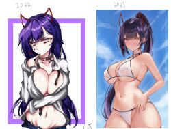 1girl akuma_nihmune akuma_nihmune_(1st_costume) artist_progress bare_shoulders bikini blush breasts cleavage demon_horns highres horns indie_virtual_youtuber large_breasts leon_decarabia long_hair looking_at_viewer mole ponytail red_eyes stomach swimsuit virtual_youtuber