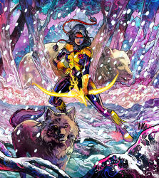 Rule 34 | 1girl, abstract background, aiming, aiming down, animal, animal ears, arrow (projectile), badge, bear, bear ears, belt pouch, black hair, bodysuit, bow (weapon), braid, brown eyes, colorful background, dark-skinned female, dark skin, dynamic pose, earrings, energy, feather earrings, feathers, forest, glint, gloves, grey fur, grey wolf, headdress, highres, holding, holding bow (weapon), holding weapon, jewelry, long hair, marvel, marvel snap, mirage (marvel), native american, native american headdress, nature, new mutants, official art, outdoors, pouch, quiver, rock, science fiction, shiny skin, single braid, sky, skyline, snow, snowflakes, snowing, solo, solo focus, sparkle, star (sky), starry sky, superhero costume, tail, tree, twin braids, two-tone bodysuit, vinartwork, weapon, western comics (style), white fur, winter, wolf, wolf ears, wolf tail, x-men, yellow gloves