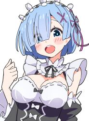 1girl :d blue_eyes blue_hair blunt_bangs blush_stickers breasts cleavage commentary detached_sleeves dot_nose frilled_sleeves frills hair_ornament hair_over_one_eye hair_ribbon highres large_breasts long_bangs maid maid_headdress noyama_takenoko open_mouth pink_ribbon re:zero_kara_hajimeru_isekai_seikatsu rem_(re:zero) ribbon ribbon-trimmed_clothes ribbon_trim roswaal_mansion_maid_uniform short_hair simple_background smile solo teeth upper_body upper_teeth_only white_background wide_sleeves x_hair_ornament