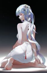 Rule 34 | 1girl, ass, backless dress, backless outfit, bare back, bare shoulders, barefoot, bow, bright pupils, butt crack, closed mouth, colored eyelashes, commentary, dress, english commentary, feet, from behind, hair bow, hand on own foot, highres, iumu, jinhsi (wuthering waves), kneeling, long hair, looking at viewer, o-ring dress, one side up, paid reward available, profile, shoulder blades, soles, solo, tacet mark (wuthering waves), toes, very long hair, white bow, white dress, white eyelashes, white eyes, white hair, white pupils, wuthering waves