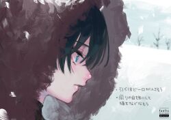 1boy bare_tree black_hair blue_eyes closed_mouth cmpsnoki from_side fur_hood genshin_impact highres looking_to_the_side male_focus outdoors painterly pink_lips profile scaramouche_(genshin_impact) snow snowing solo tree twitter_username watermark