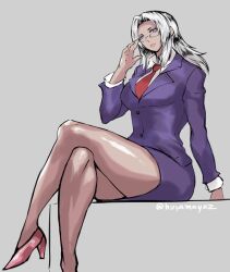 1girl blue_skirt blue_suit crossed_legs dark-skinned_female dark_skin elma_(xenoblade_x) formal_clothes glasses high_heels looking_at_viewer monolith_soft necktie pencil_skirt pink_shoes red_necktie shoes sitting skirt suit uya_(yurukah) white_hair xeno_(series) xenoblade_chronicles_(series) xenoblade_chronicles_x