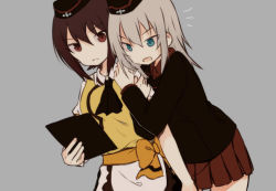 Rule 34 | 10s, 2girls, alternate costume, apron, ascot, black ascot, black hat, black jacket, blouse, blue eyes, bow, brown eyes, brown hair, brown skirt, clipboard, closed mouth, coco&#039;s, collared shirt, cowboy shot, dress shirt, fud, garrison cap, girls und panzer, hat, holding, itsumi erika, jacket, kuromorimine military uniform, long hair, long sleeves, military, military hat, military uniform, miniskirt, multiple girls, nishizumi maho, open mouth, pleated skirt, red shirt, red skirt, shirt, short hair, short sleeves, silver hair, skirt, standing, waist apron, waitress, yellow bow, yellow shirt