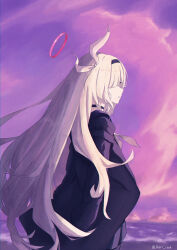 1girl absurdres black_choker black_coat blue_archive bow choker cloud cloudy_sky coat covered_eyes hair_bow halo highres inori_1208 long_hair parted_lips pink_halo plana_(blue_archive) purple_sky sky solo standing twitter_username upper_body white_bow white_hair
