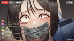 1girl absurdres animal_collar bent_over blush brown_eyes brown_hair buckle collar constricted_pupils crying crying_with_eyes_open danmaku_comments doggystyle english_text gag gagged harris_hero highres improvised_gag livestream looking_at_viewer meme off_shoulder police police_uniform policewoman portrait rape recording restrained sex sex_from_behind short_hair snot solo_focus tape tape_gag tears uneven_eyes